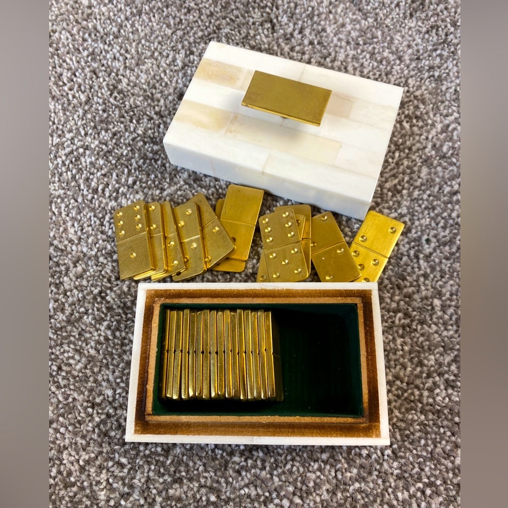 Boxed Bone Domino Set-Ivory Metal Dominos